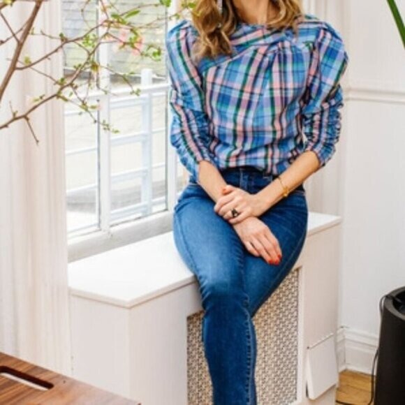 Isabel Marant Esmee Twisted Plaid Puff Shoulder Blouse in Blue Pink Green - Picture 1 of 14